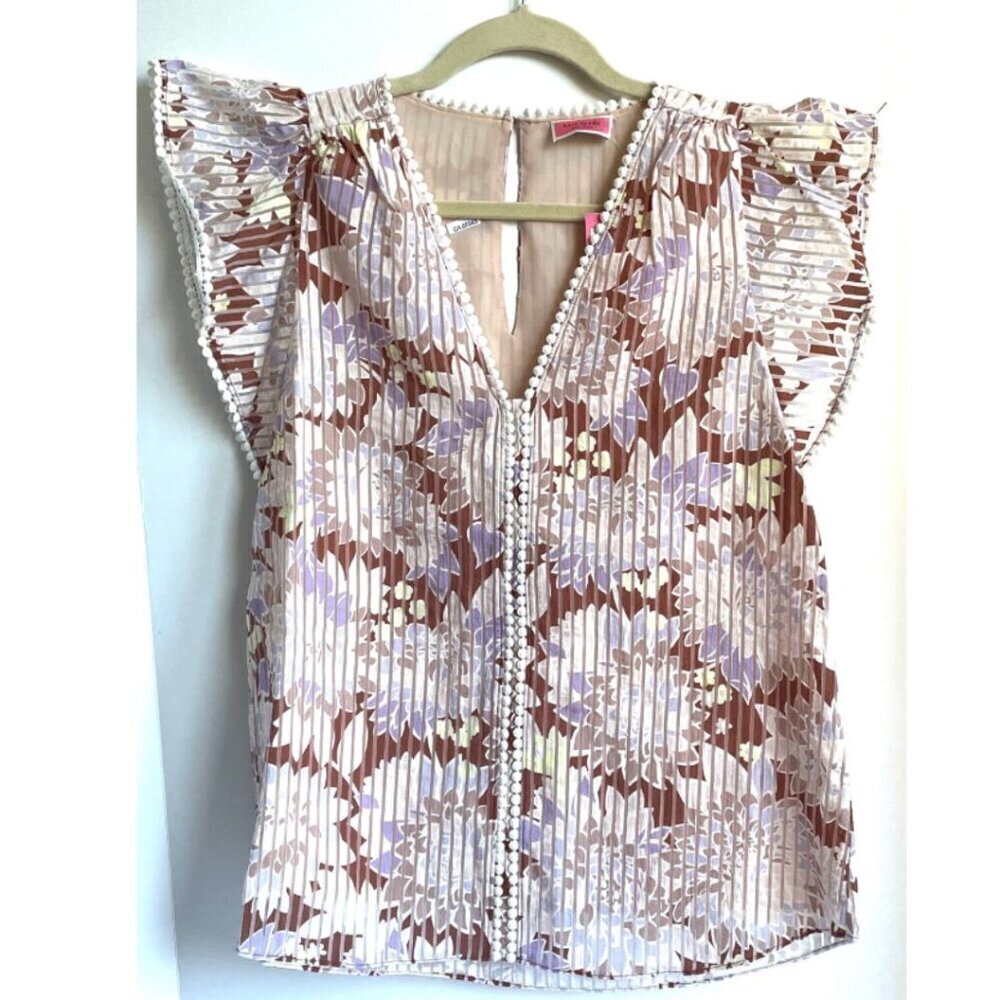 Kate Spade Floral Top Womens Small Pink Short Flutter Sleeve V-Neck Crochet Boho